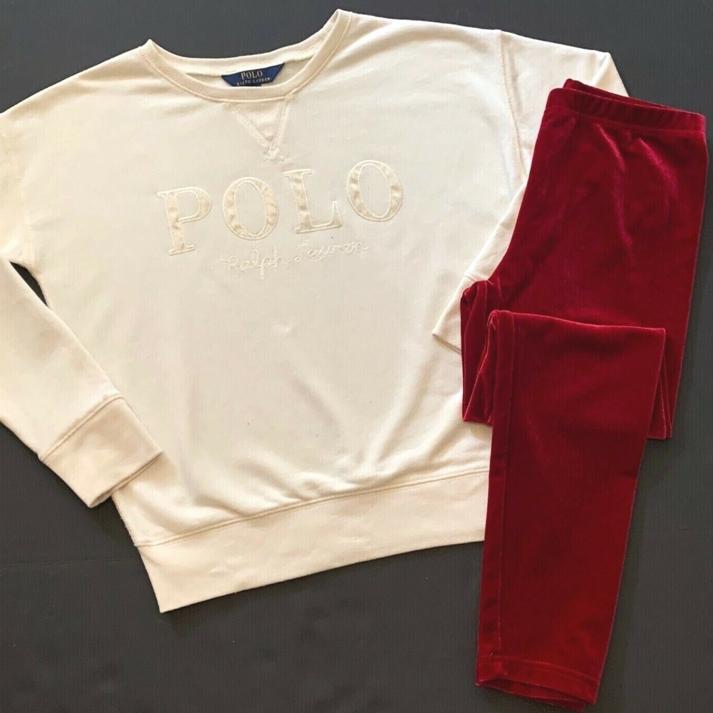 Ralph Lauren Girls OUTFIT 12 14 Logo Sweatshirt Red Stretch Knit Velvet LEGGING